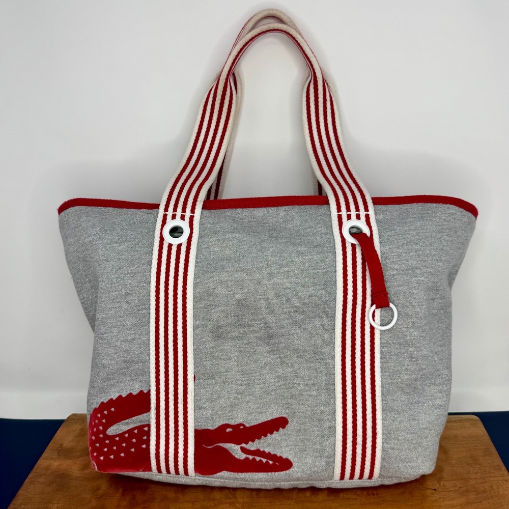 Y2K Lacoste Tote Bag Gray Sweatshirt Red Striped Velvet Crocodile Logo